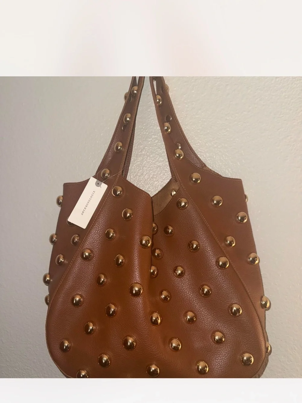Anthropologie Cognac Studded Leather Shoulder Bag